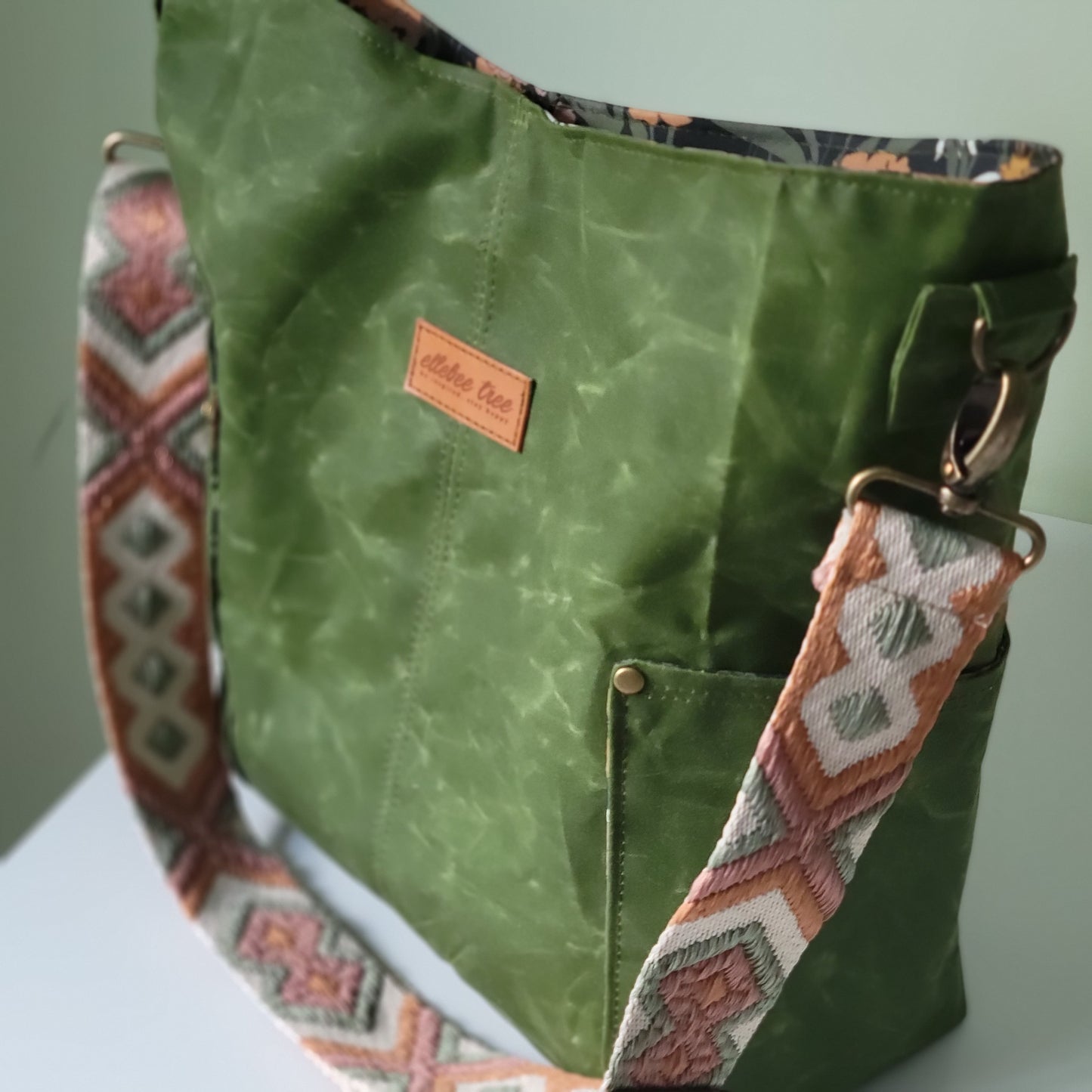 Fern Green Waxed Oilskin Compass Tote with Embroidered Strap