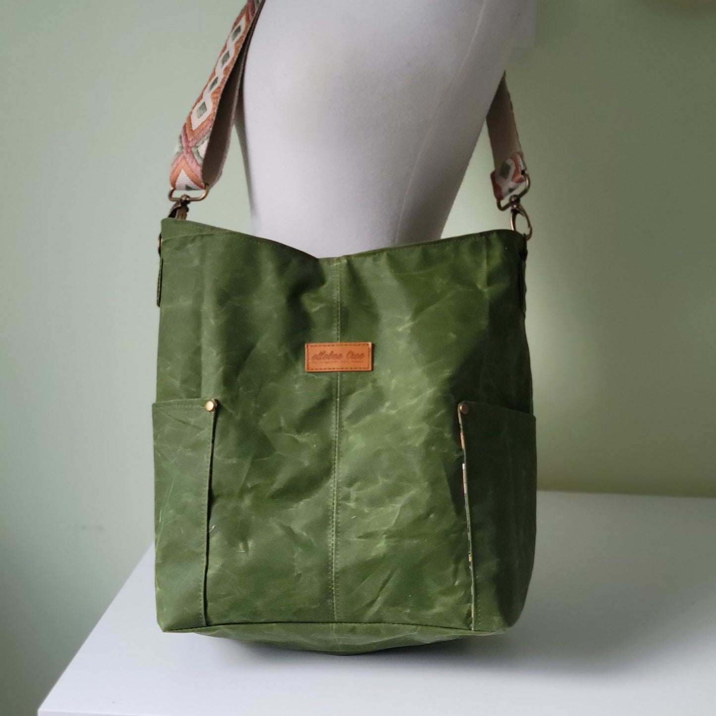 Fern Green Waxed Oilskin Compass Tote with Embroidered Strap