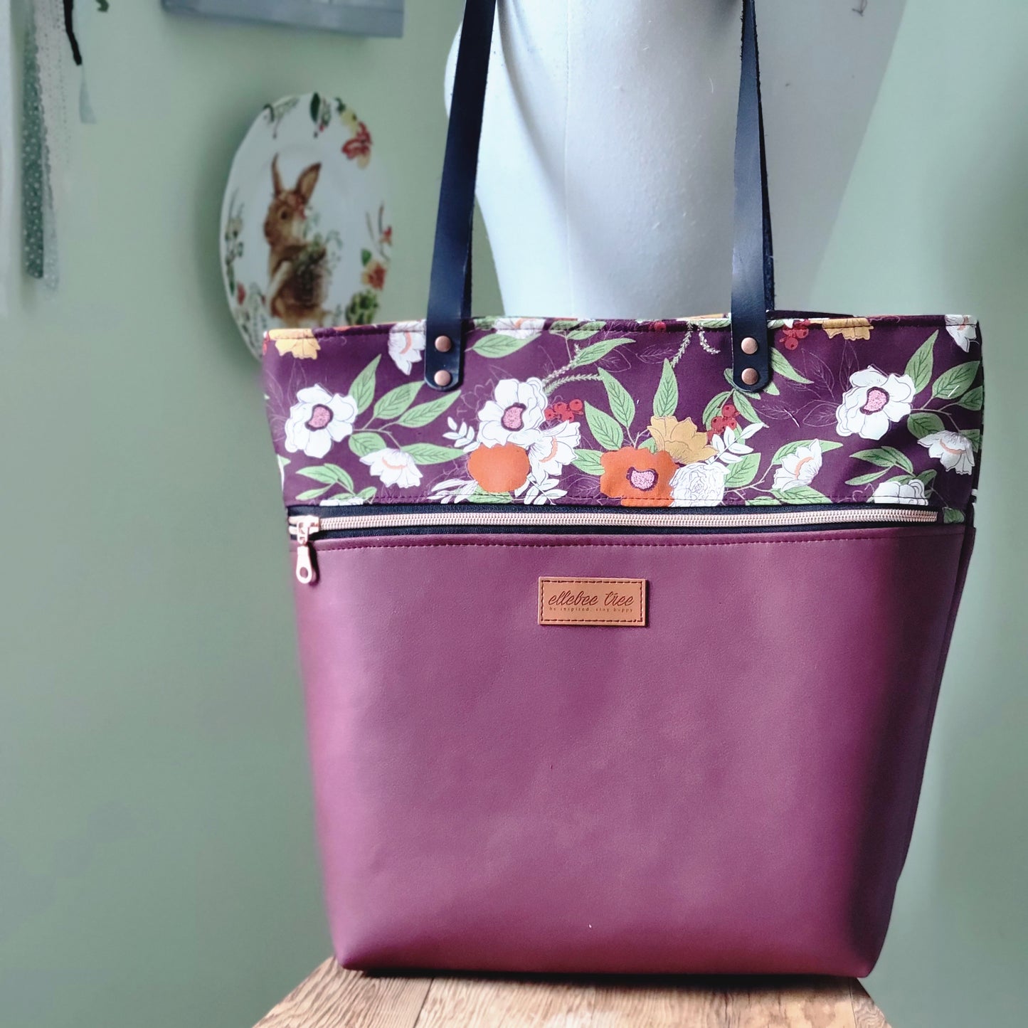 Slow Stroll Plum Florals Zippered Caravan Tote with Leather Straps
